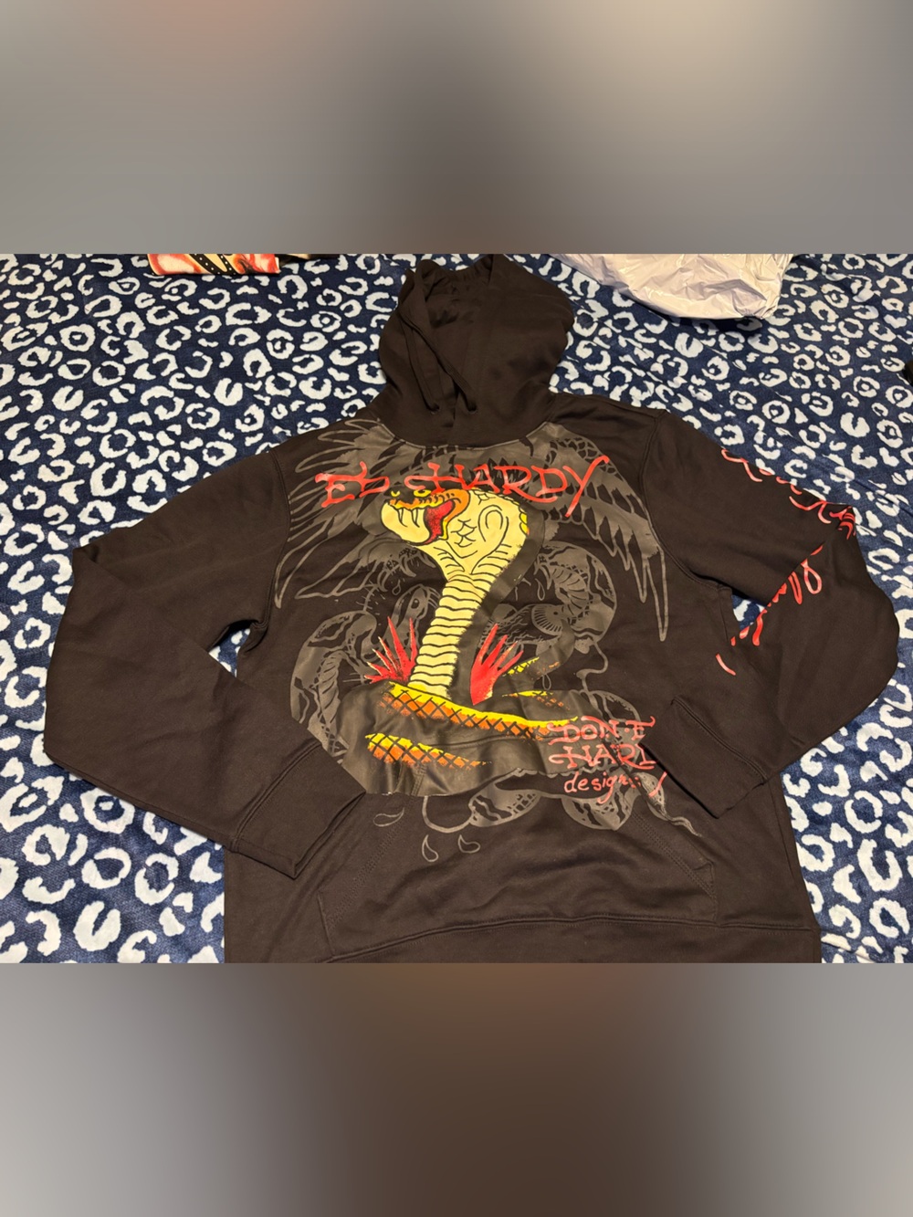 Ed Hardy Black Hoodie with Yellow & Red Cobra Graphic